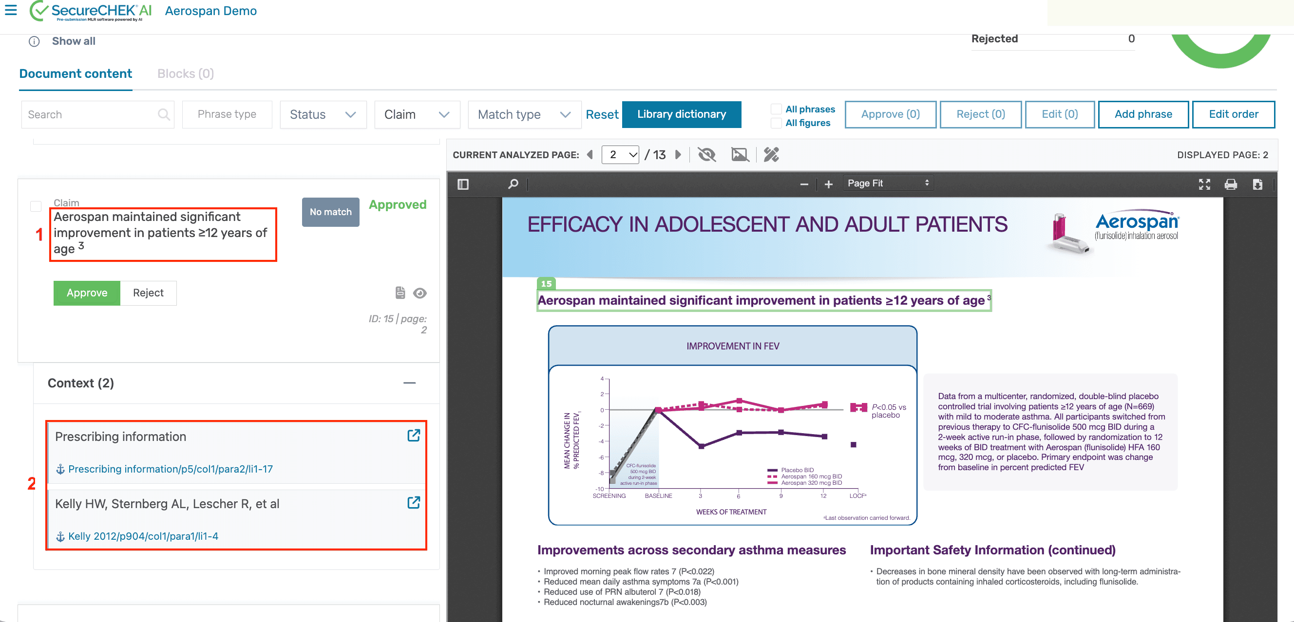 SecureCHEK AI automatically identifying a claim and linking its supporting reference for MLR annotation